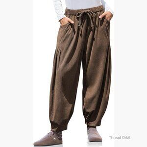 Wide Leg Corduroy Pants with Drawstring Waist and Pockets